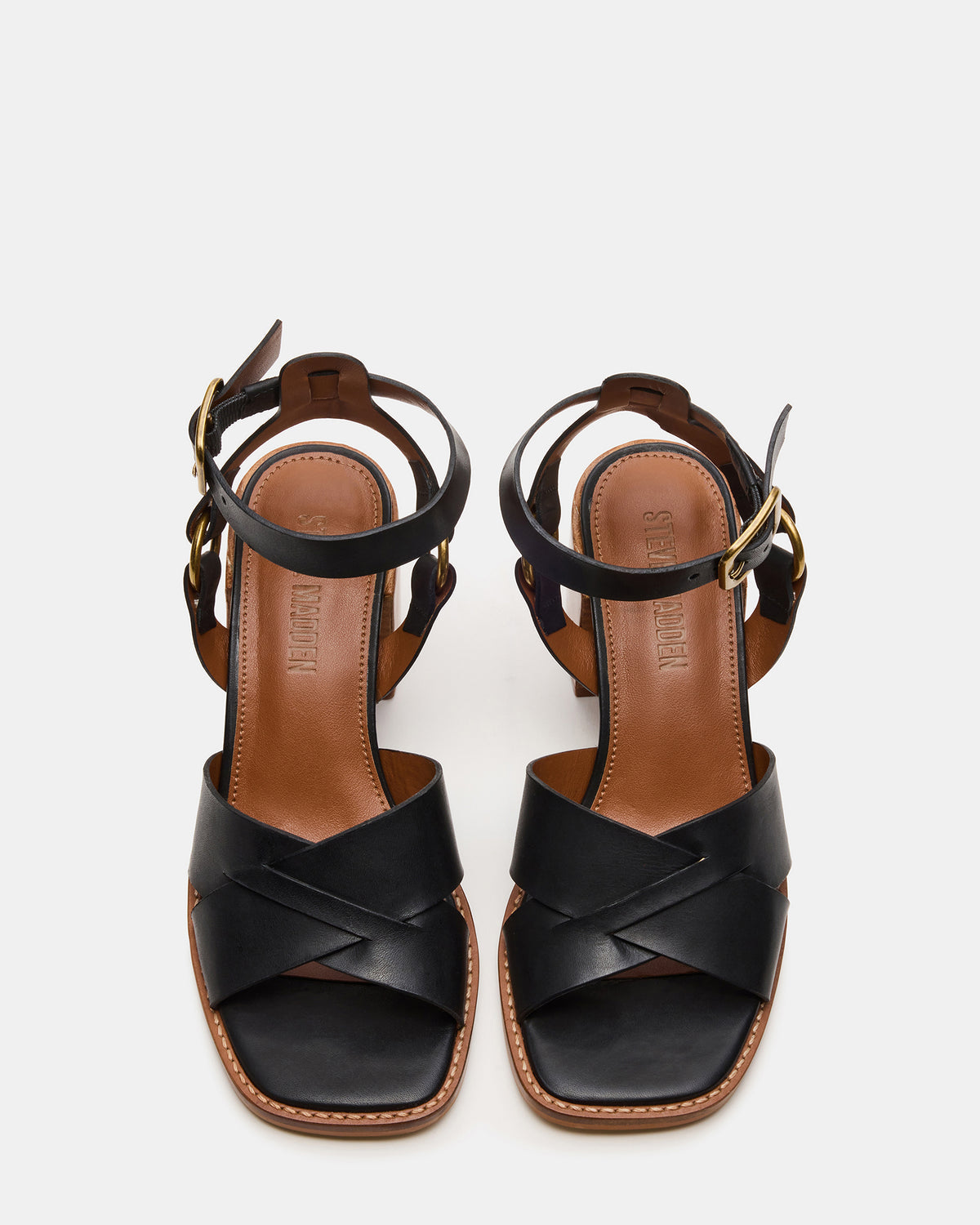Steve Madden TRURO Black Leather Strappy Wood Bottom Square-Toe Women's Heel
