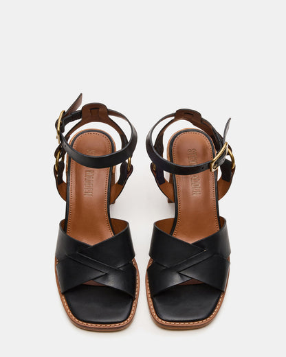 Steve Madden TRURO Black Leather Strappy Wood Bottom Square-Toe Women's Heel