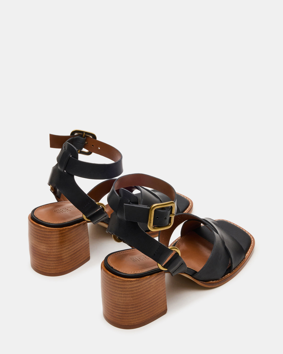 Steve Madden TRURO Black Leather Strappy Wood Bottom Square-Toe Women's Heel