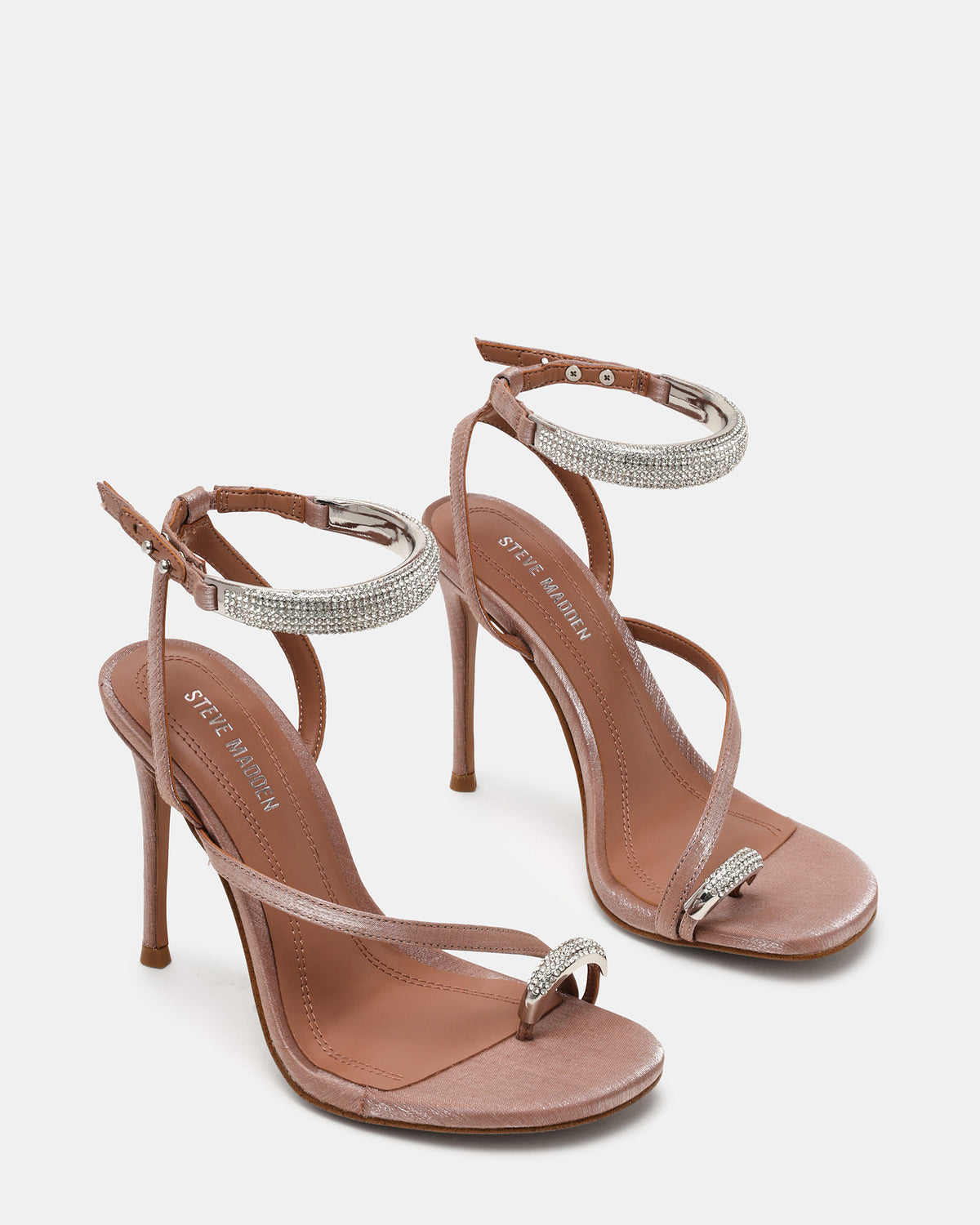 Steve Madden TIA Rhinestones Mocha Satin Open-Toe Stiletto Women's Heel