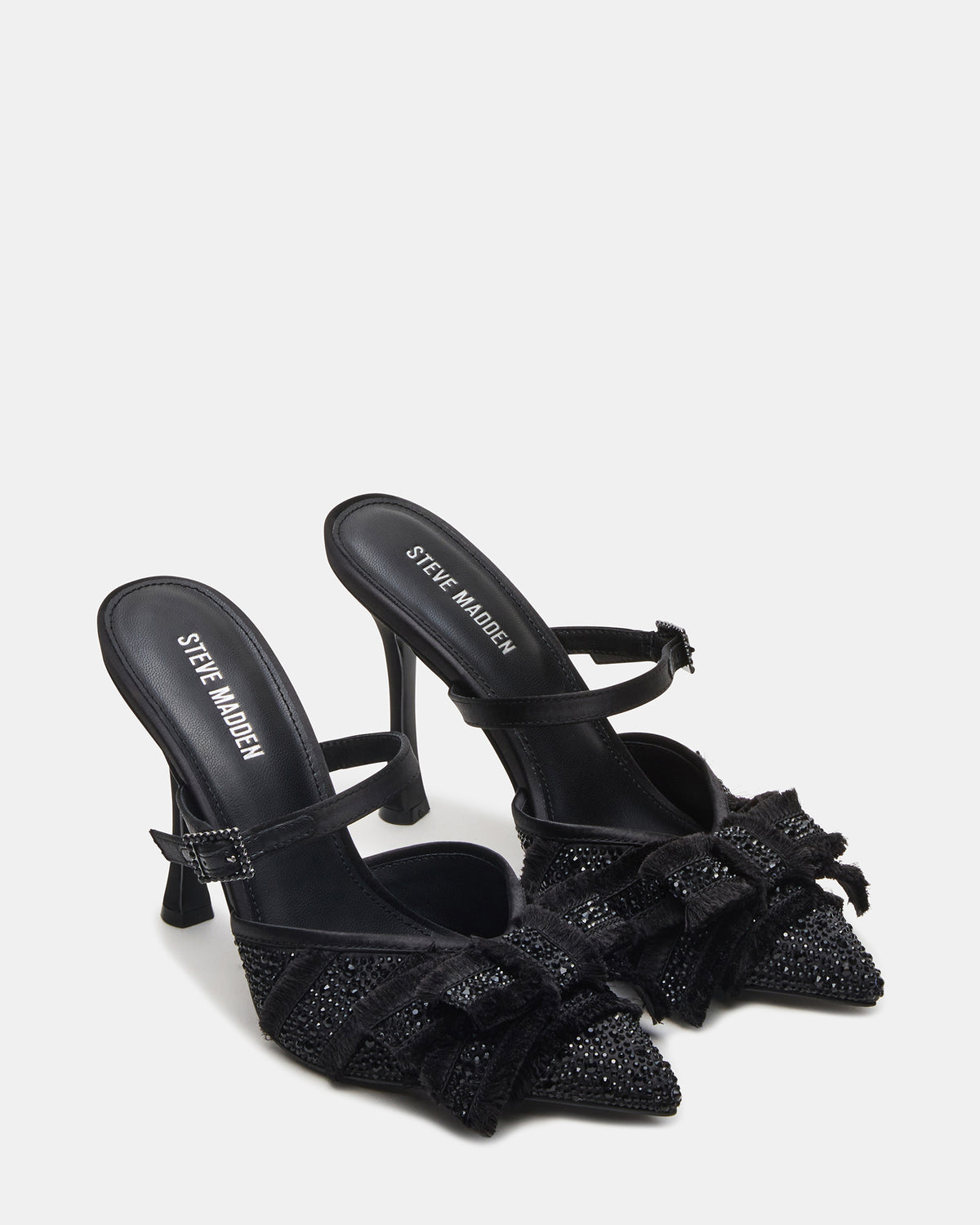 Steve Madden BAYLIN Black Satin Rhinestones Bow Pointed-Toe Stiletto Women's Heel