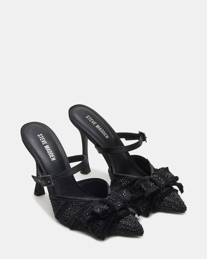 Steve Madden BAYLIN Black Satin Rhinestones Bow Pointed-Toe Stiletto Women's Heel