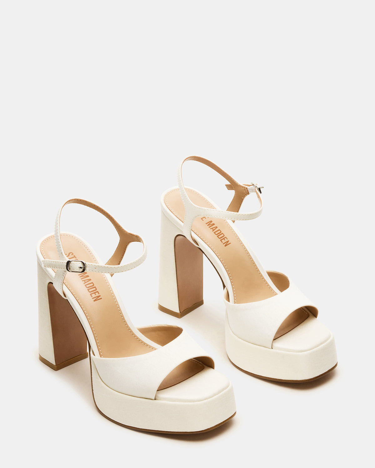 Steve Madden LINADRA Ivory Satin Women's Platform Square-Toe Strappy Heel
