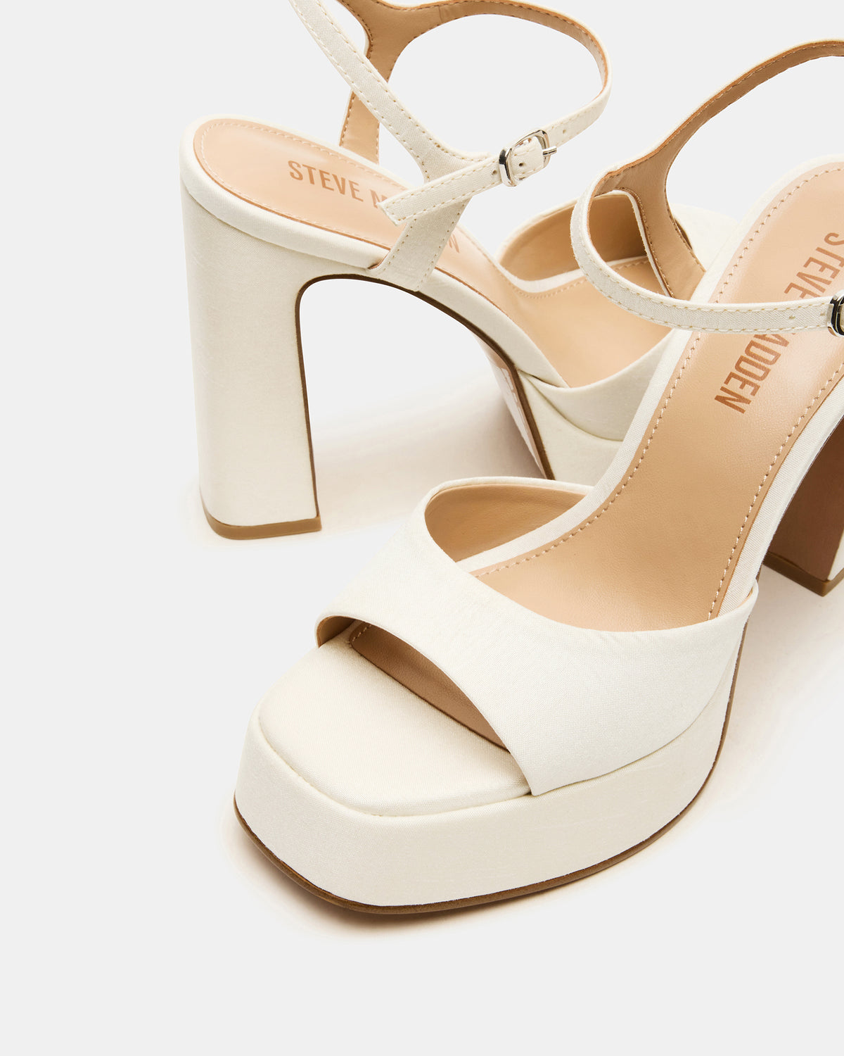 Steve Madden LINADRA Ivory Satin Women's Platform Square-Toe Strappy Heel