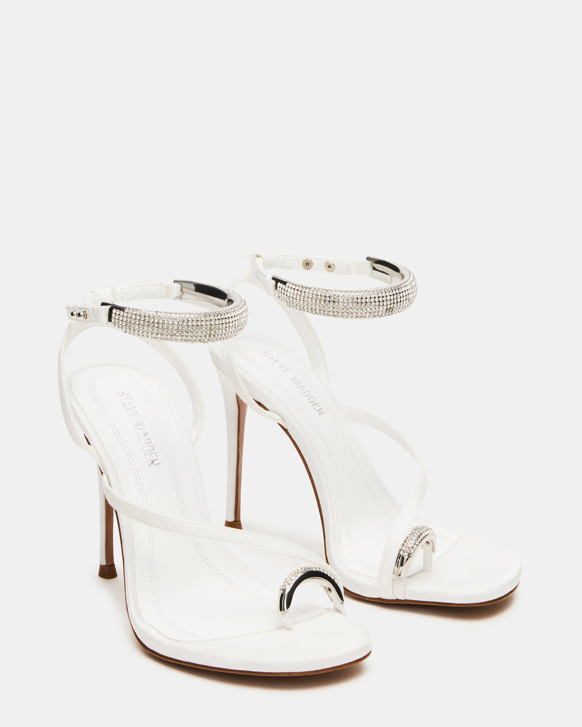 Steve Madden TIA Rhinestones White Satin Open-Toe Stiletto Women's Heel