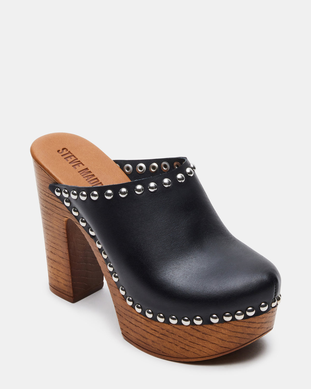 Steve Madden DUTCHESS Black Leather Women's Studded Platform Mule Clog Heel