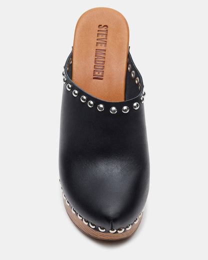 Steve Madden DUTCHESS Black Leather Women's Studded Platform Mule Clog Heel
