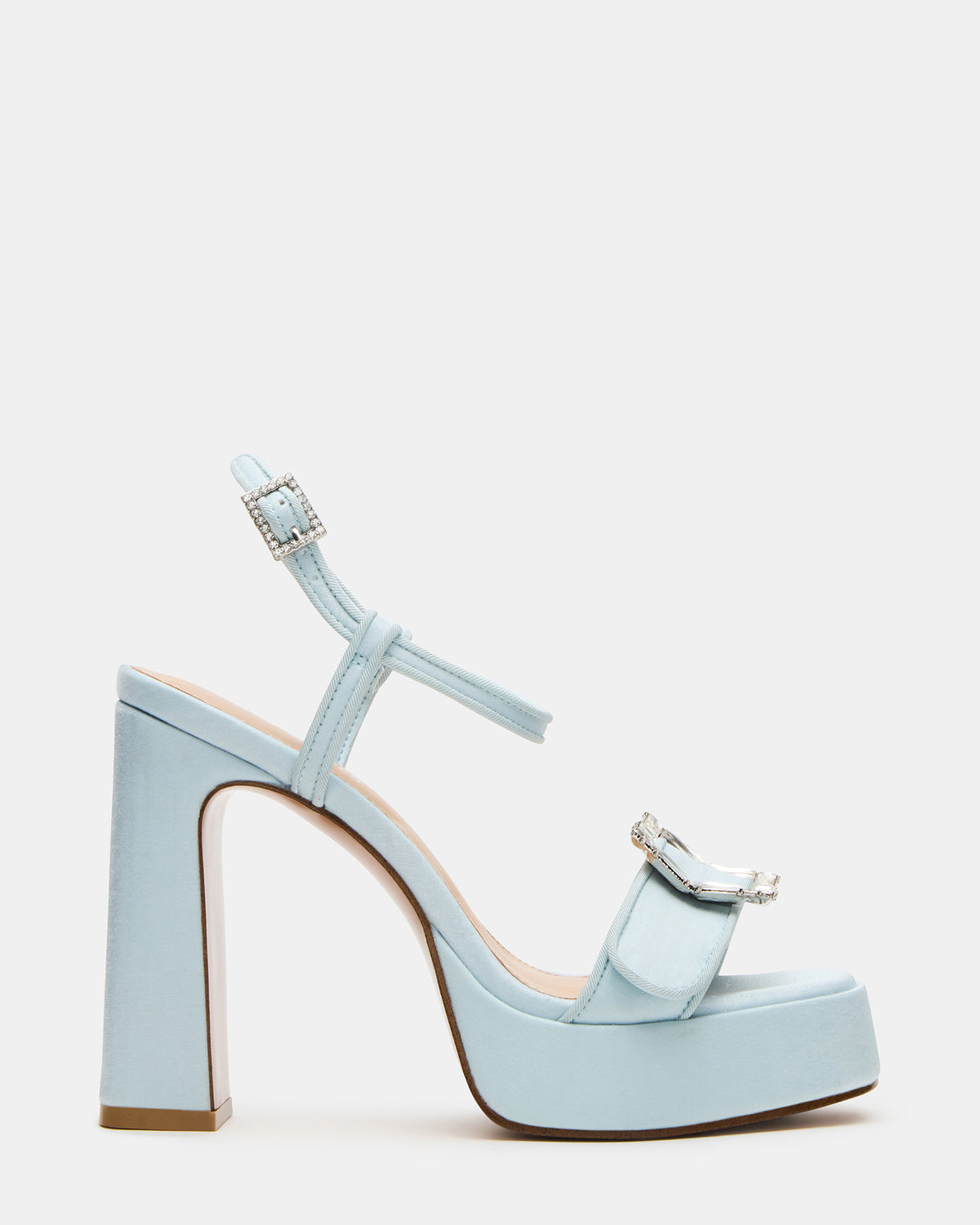 Steve Madden LIANDRA Buckle Blue Satin Women's Platform Square-Toe Strappy Heel