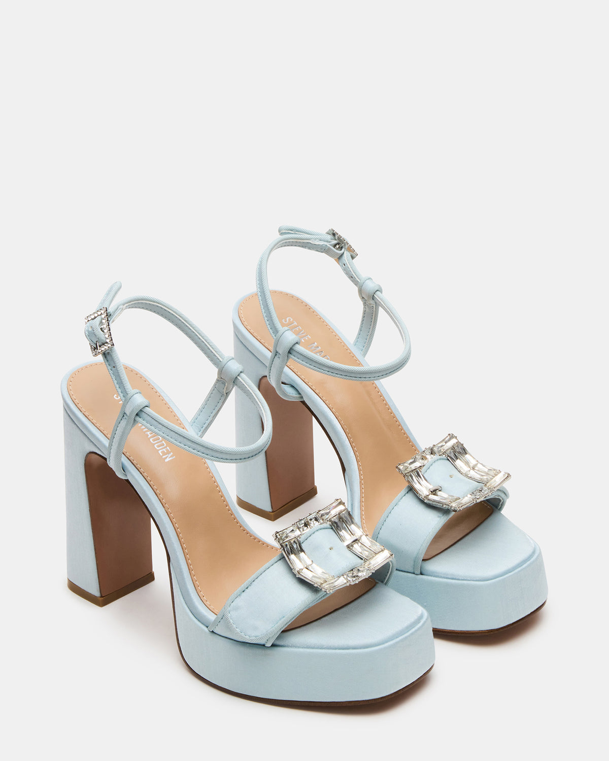 Steve Madden LIANDRA Buckle Blue Satin Women's Platform Square-Toe Strappy Heel