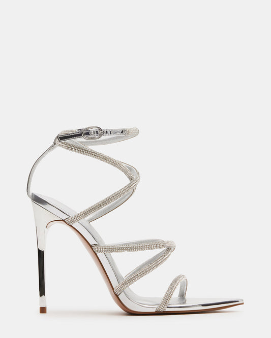 Steve Madden SKY Silver Strappy Rhinestone Stiletto Heel | Women's Heels