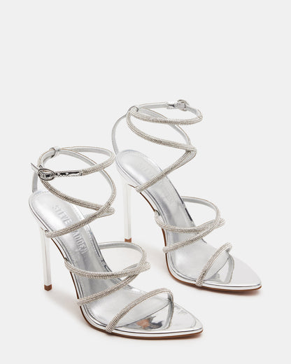 Steve Madden SKY Silver Strappy Rhinestone Stiletto Heel | Women's Heels