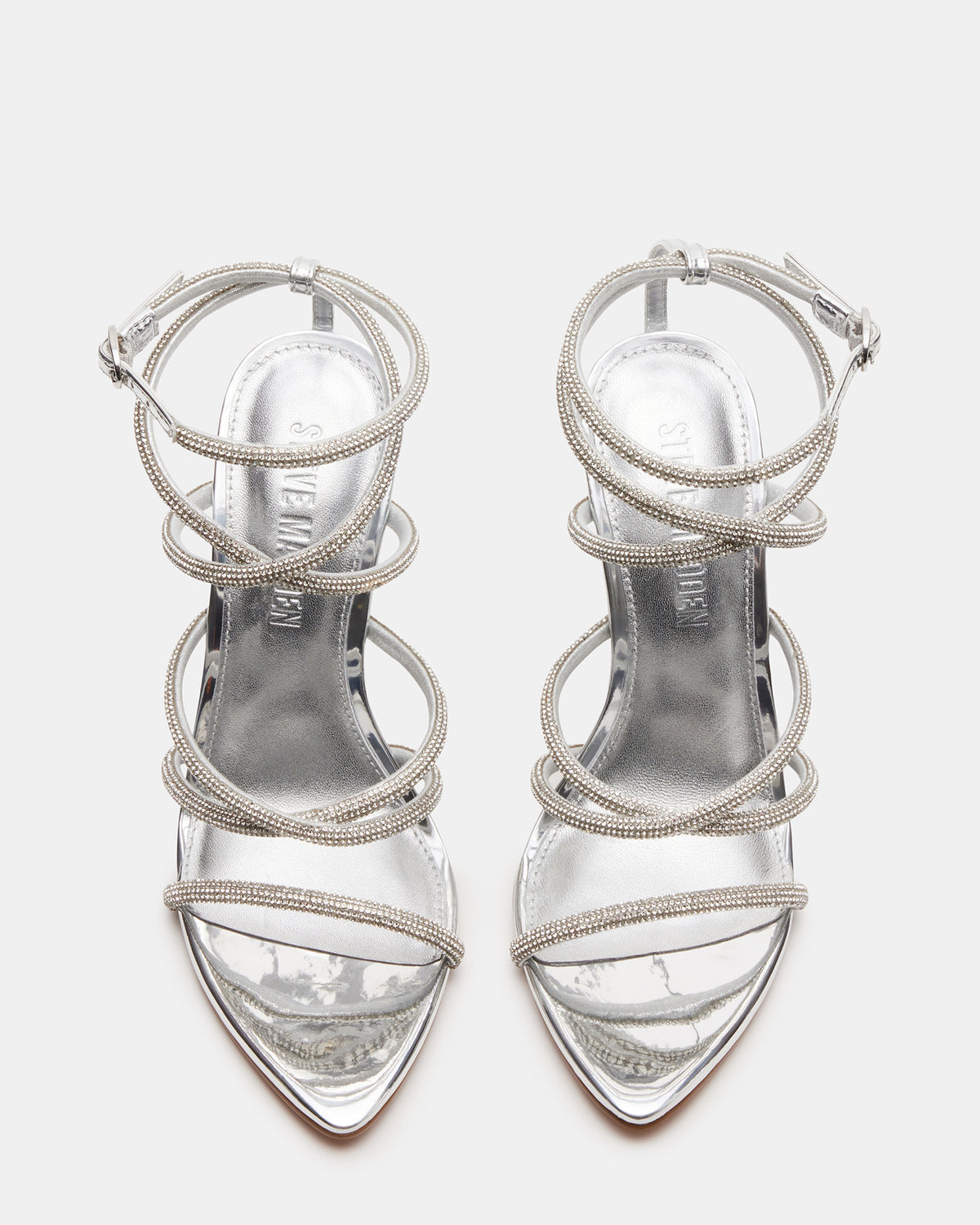 Steve Madden SKY Silver Strappy Rhinestone Stiletto Heel | Women's Heels