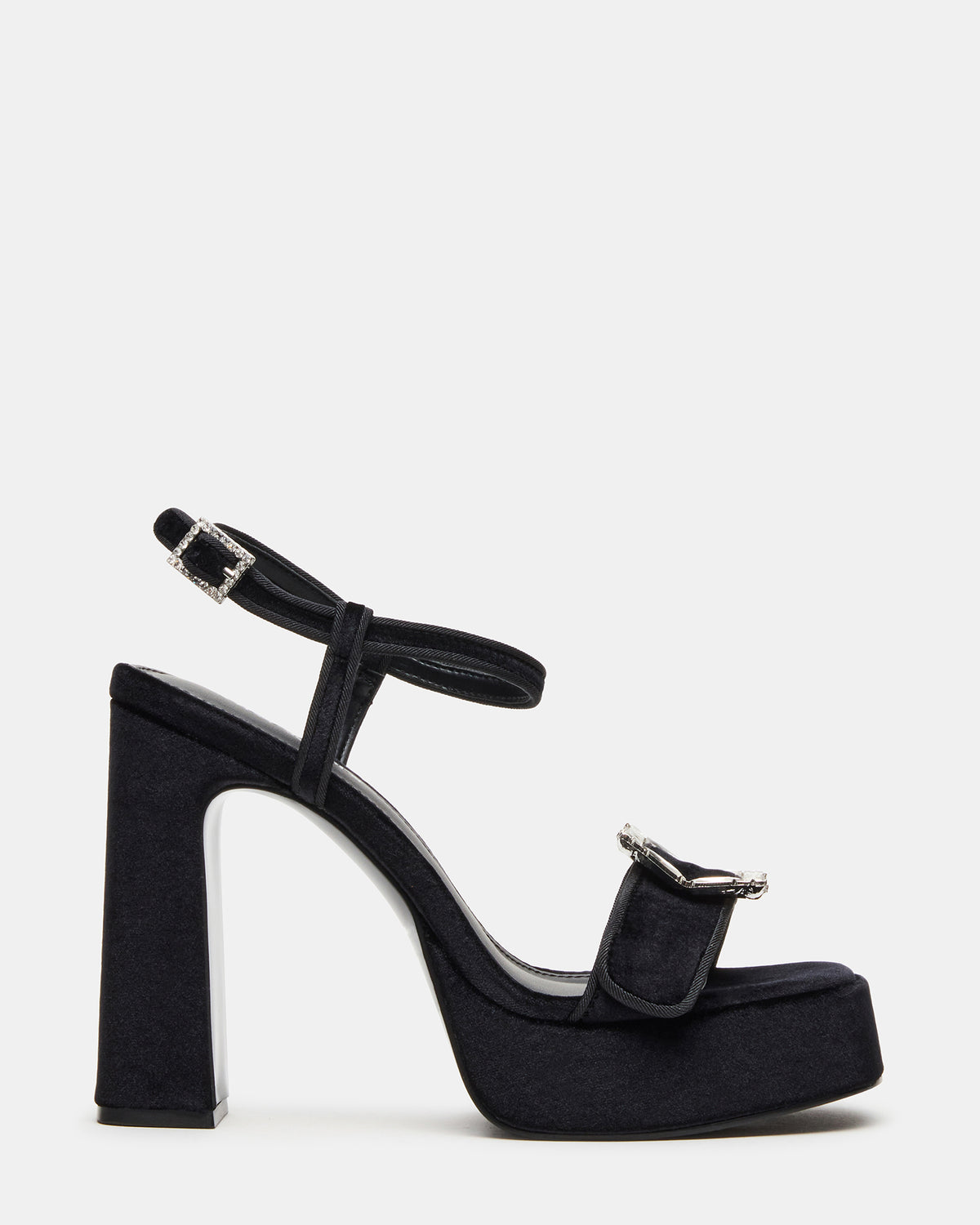Steve Madden LIANDRA Buckle Black Velvet Women's Platform Square-Toe Strappy Heel