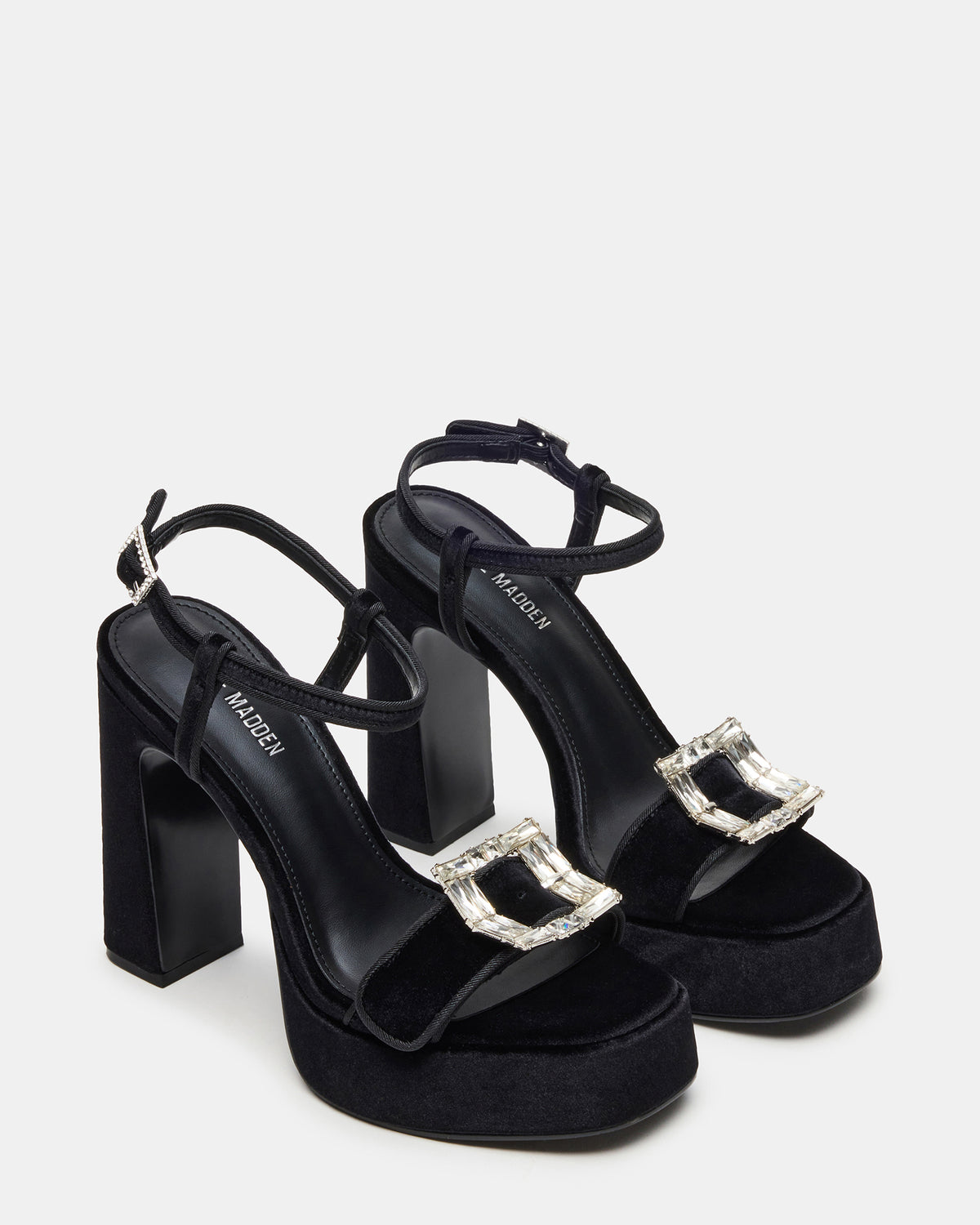 Steve Madden LIANDRA Buckle Black Velvet Women's Platform Square-Toe Strappy Heel