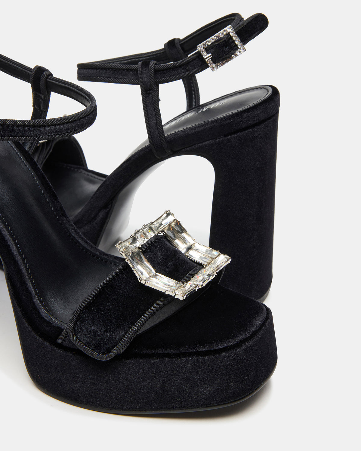 Steve Madden LIANDRA Buckle Black Velvet Women's Platform Square-Toe Strappy Heel