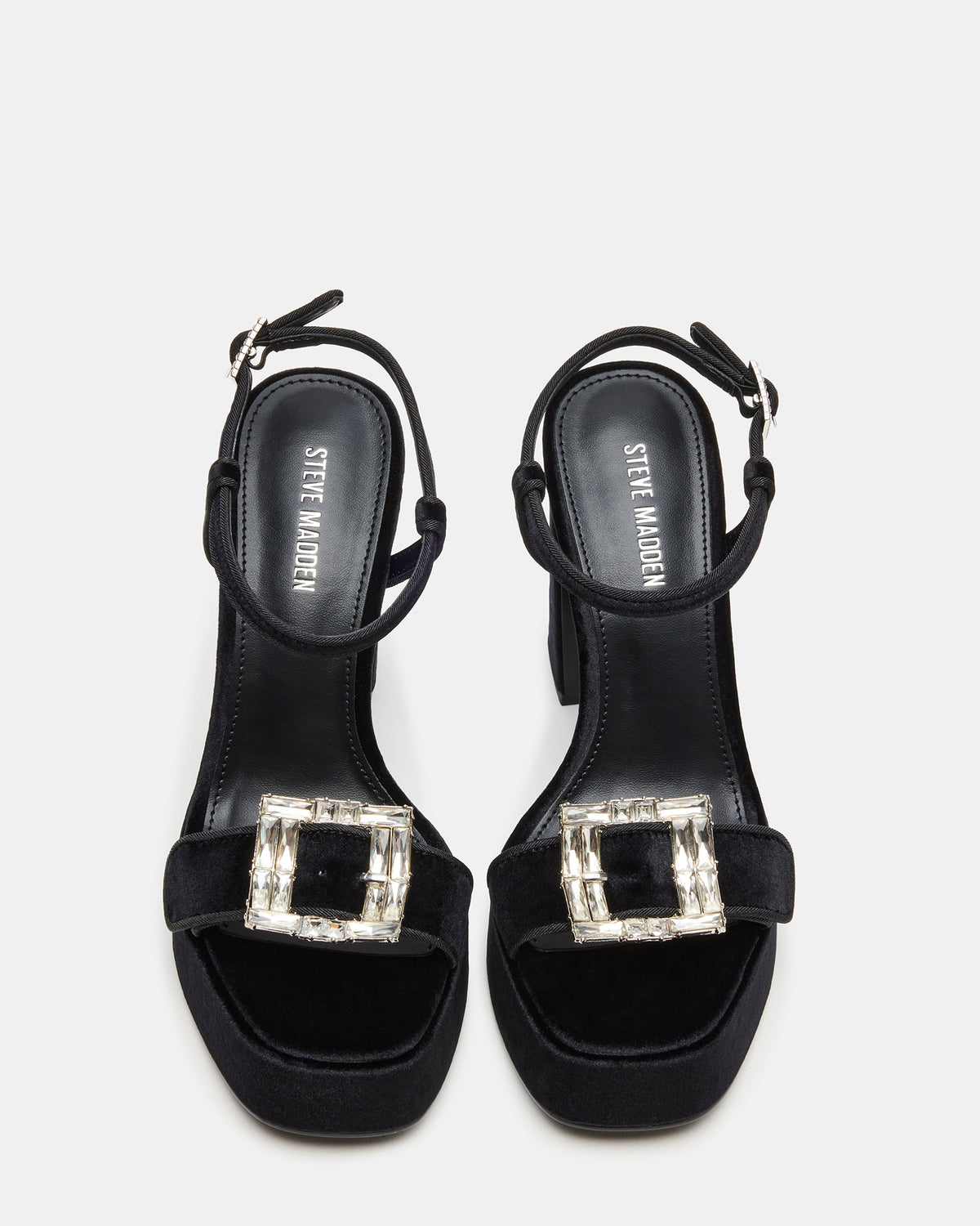 Steve Madden LIANDRA Buckle Black Velvet Women's Platform Square-Toe Strappy Heel
