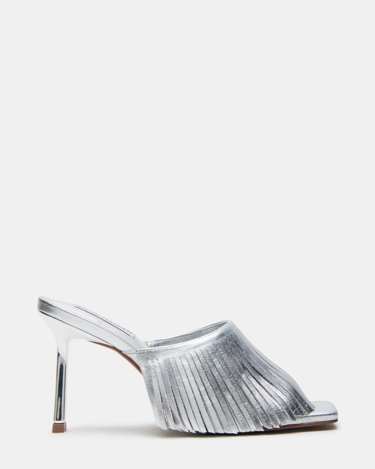 Steve Madden MORINA Silver Leather Square-Toe Stiletto Mule Fringe Heel | Women's Heels