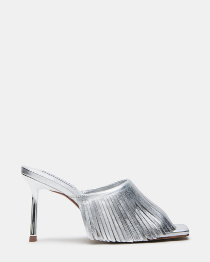 Steve Madden MORINA Silver Leather Square-Toe Stiletto Mule Fringe Heel | Women's Heels
