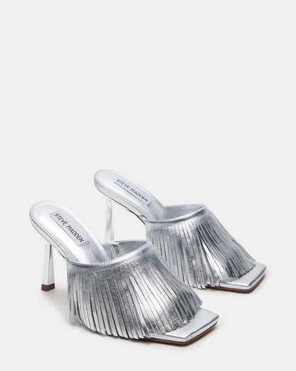Steve Madden MORINA Silver Leather Square-Toe Stiletto Mule Fringe Heel | Women's Heels
