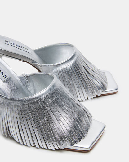 Steve Madden MORINA Silver Leather Square-Toe Stiletto Mule Fringe Heel | Women's Heels