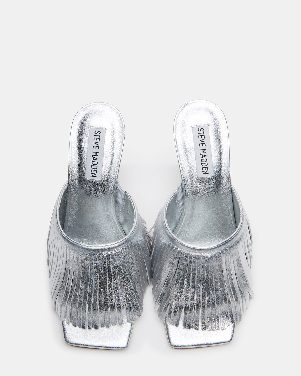 Steve Madden MORINA Silver Leather Square-Toe Stiletto Mule Fringe Heel | Women's Heels