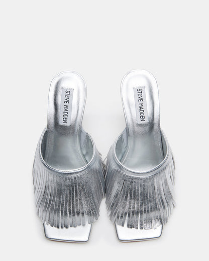 Steve Madden MORINA Silver Leather Square-Toe Stiletto Mule Fringe Heel | Women's Heels