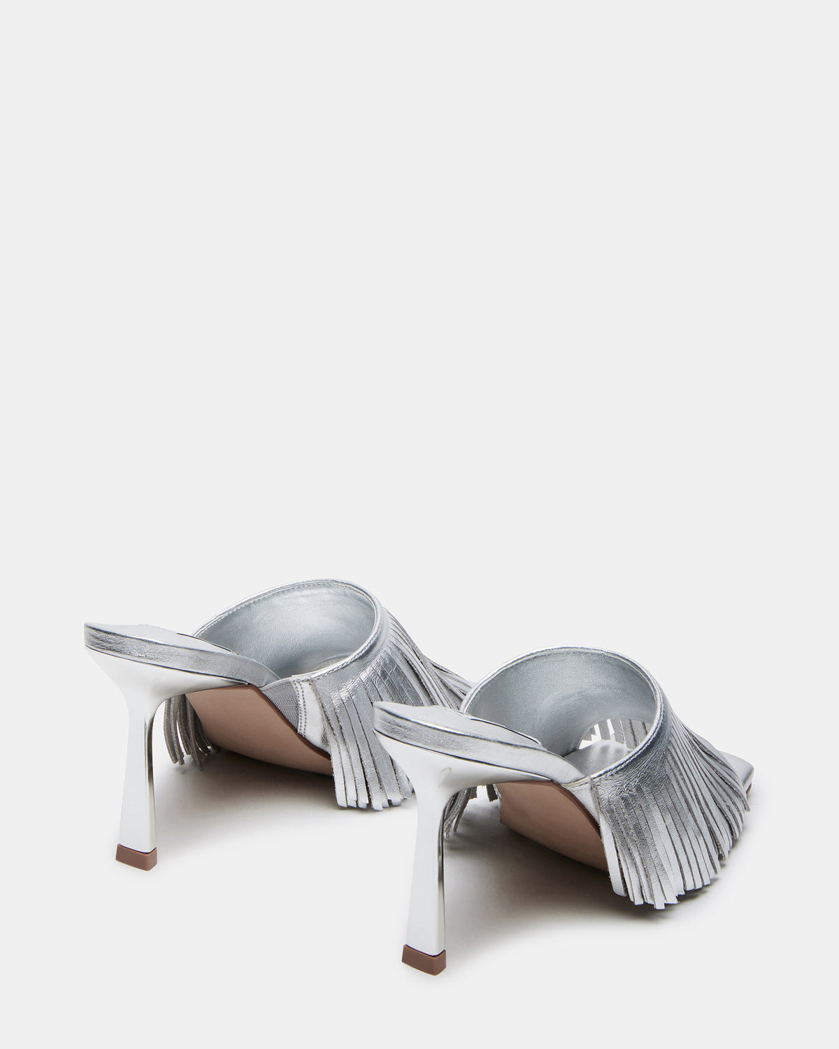 Steve Madden MORINA Silver Leather Square-Toe Stiletto Mule Fringe Heel | Women's Heels