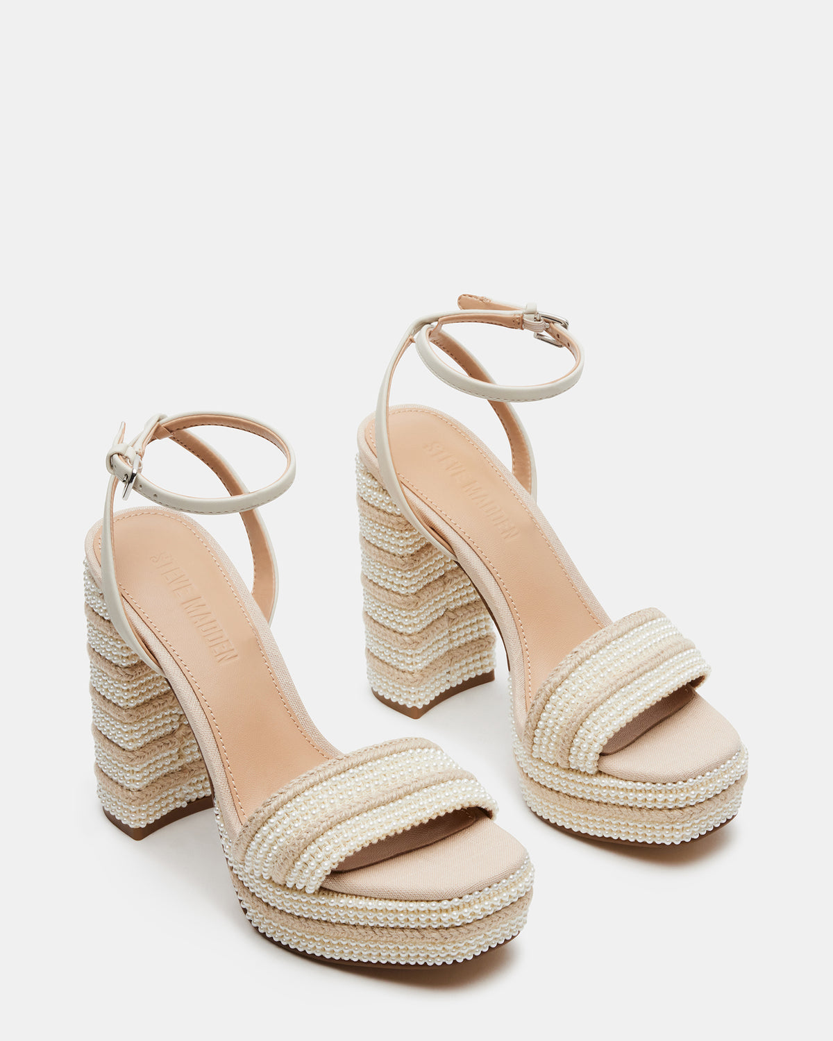 Steve Madden LUMARA Natural Raffia Pearl Platform Block Heel | Women's Heels