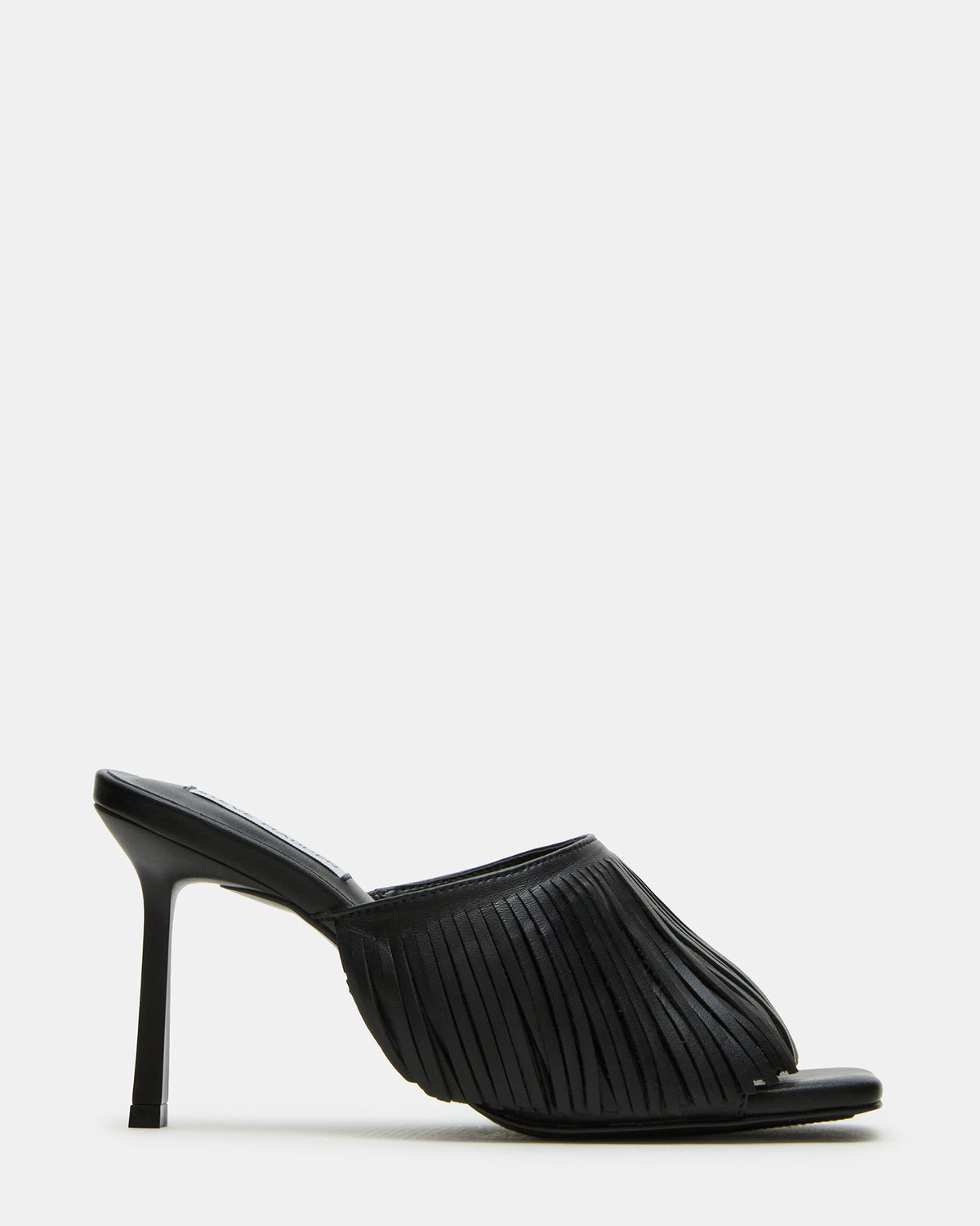Steve Madden MORINA Black Leather Square-Toe Stiletto Mule Fringe Heel | Women's Heels