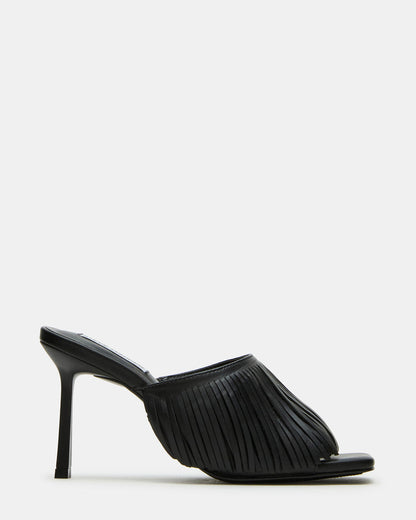 Steve Madden MORINA Black Leather Square-Toe Stiletto Mule Fringe Heel | Women's Heels
