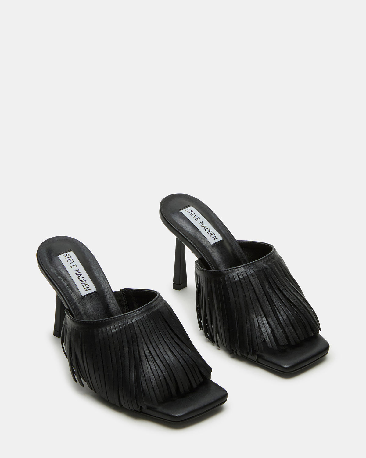 Steve Madden MORINA Black Leather Square-Toe Stiletto Mule Fringe Heel | Women's Heels