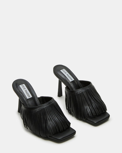 Steve Madden MORINA Black Leather Square-Toe Stiletto Mule Fringe Heel | Women's Heels