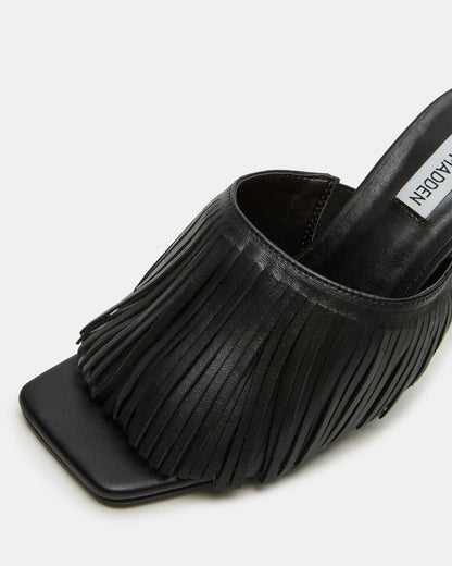 Steve Madden MORINA Black Leather Square-Toe Stiletto Mule Fringe Heel | Women's Heels