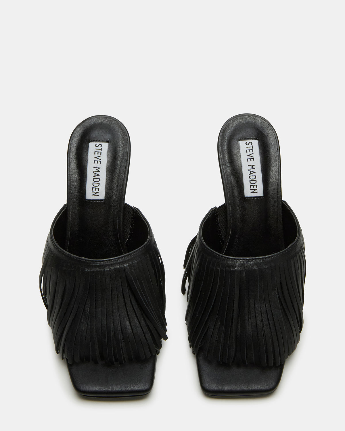 Steve Madden MORINA Black Leather Square-Toe Stiletto Mule Fringe Heel | Women's Heels
