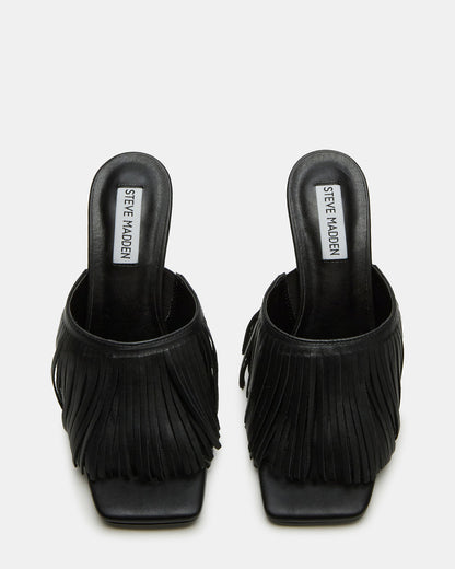 Steve Madden MORINA Black Leather Square-Toe Stiletto Mule Fringe Heel | Women's Heels