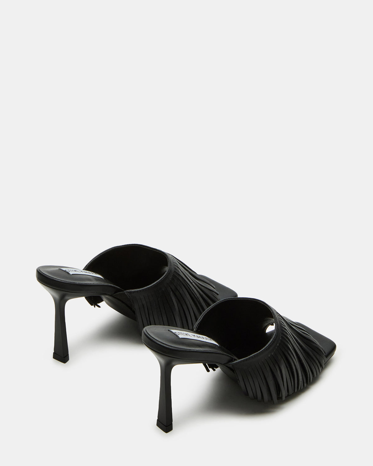 Steve Madden MORINA Black Leather Square-Toe Stiletto Mule Fringe Heel | Women's Heels