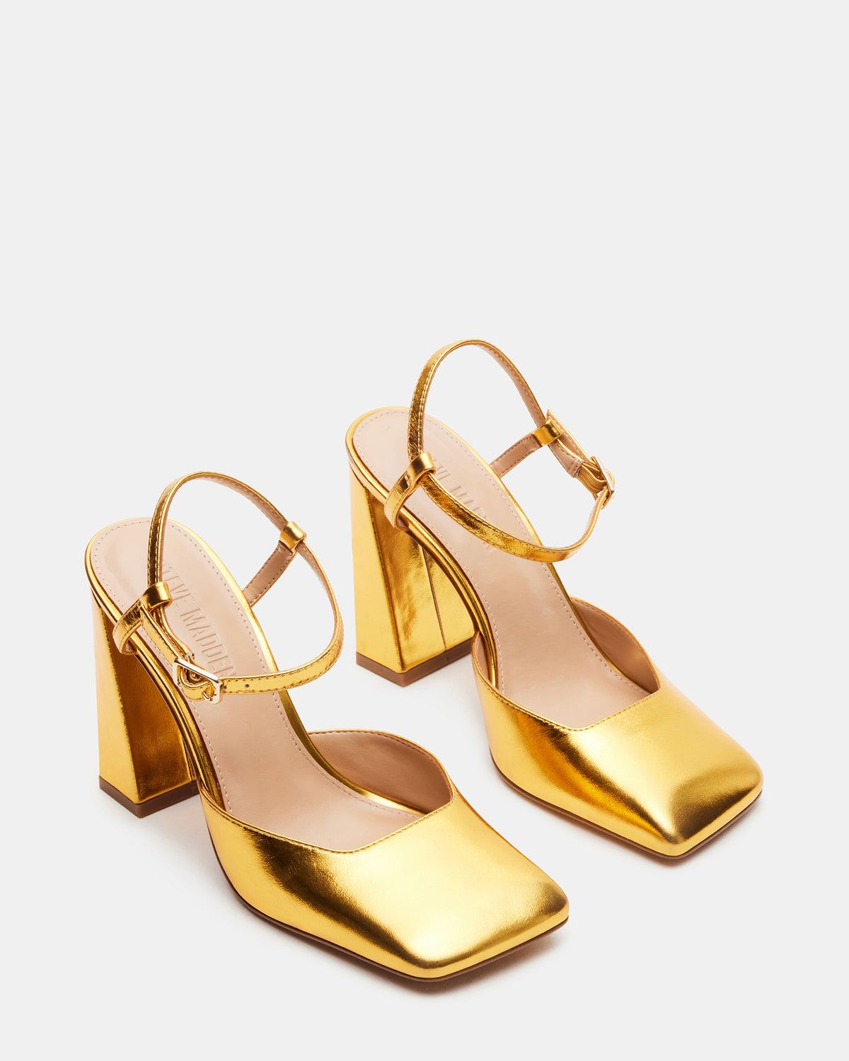 Steve Madden MOSAIC Gold Leather Square Toe Heel | Women's Heels