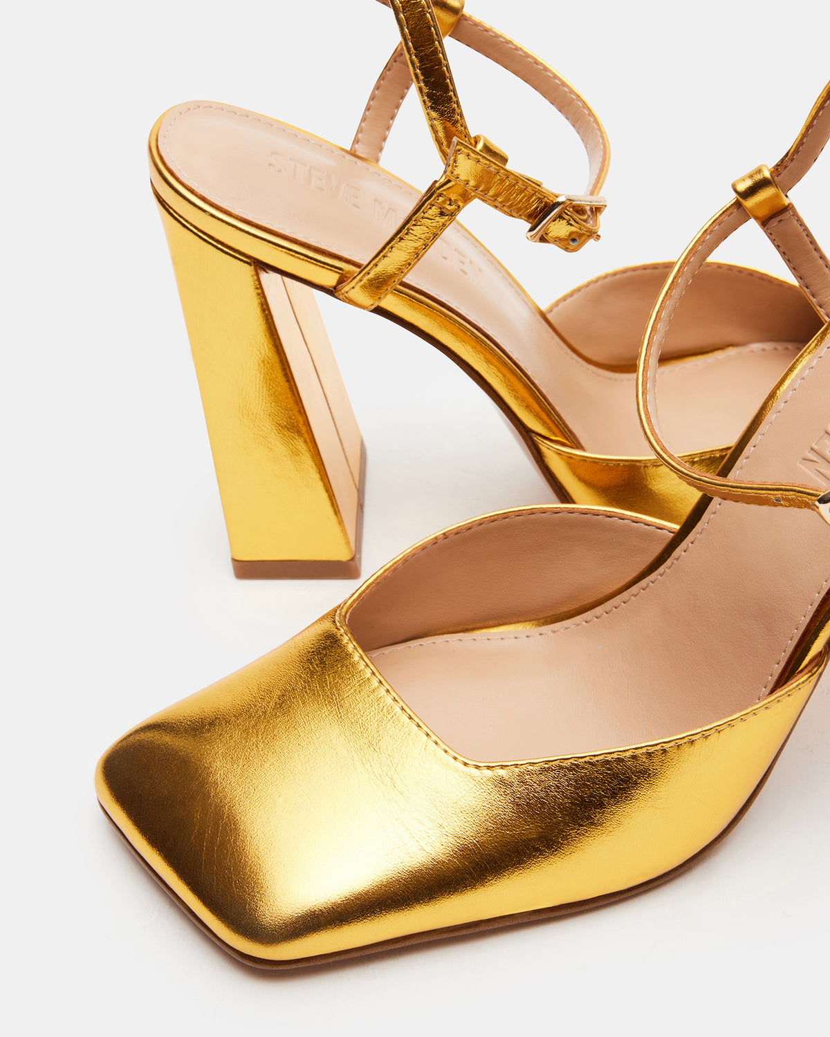 Steve Madden MOSAIC Gold Leather Square Toe Heel | Women's Heels