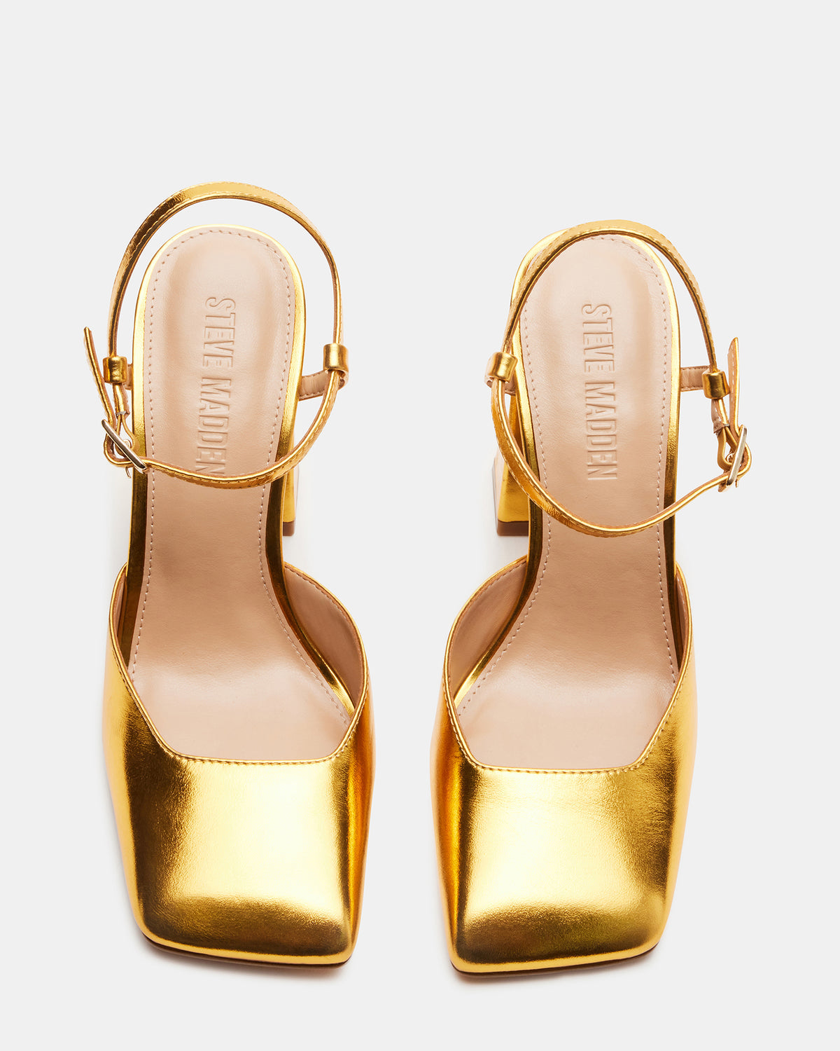 Steve Madden MOSAIC Gold Leather Square Toe Heel | Women's Heels
