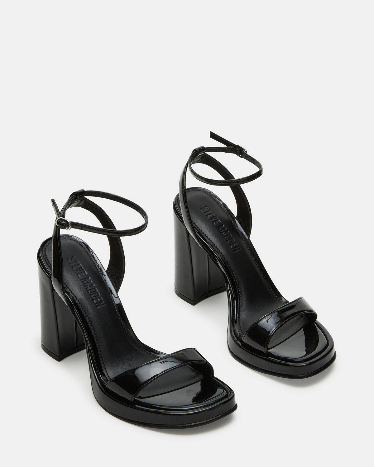 Steve Madden SULLIVAN Black Patent Square-Toe Strappy Heel | Women's Heels