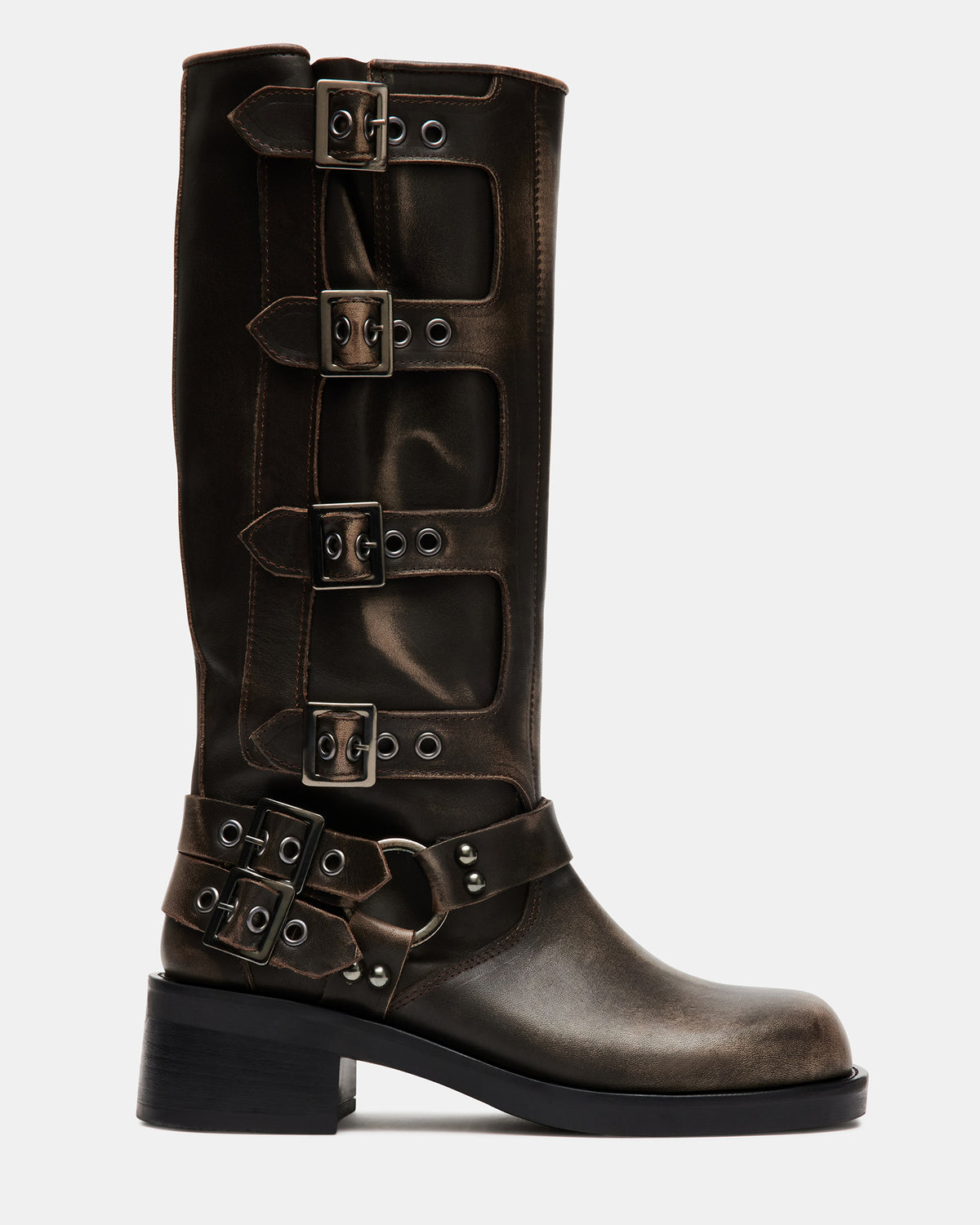Steve Madden ROCKY Brown Distressed Women's Knee-High Moto Boots