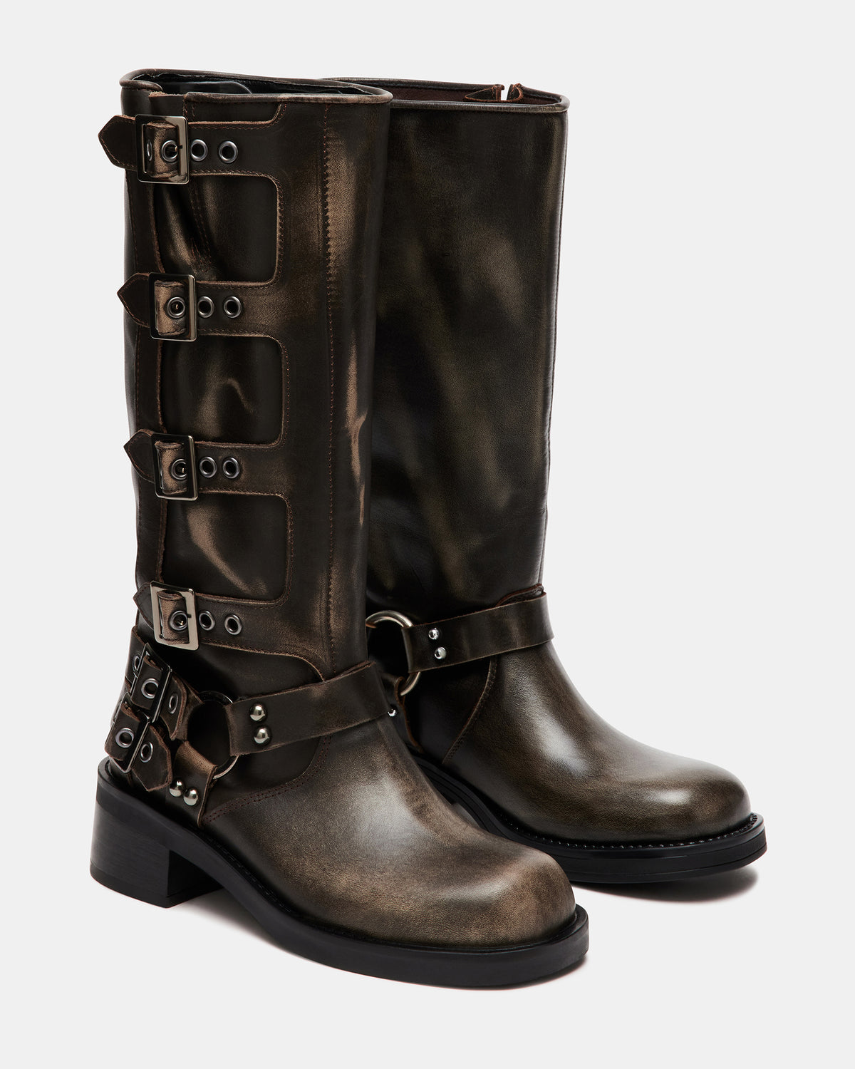 Steve Madden ROCKY Brown Distressed Women's Knee-High Moto Boots