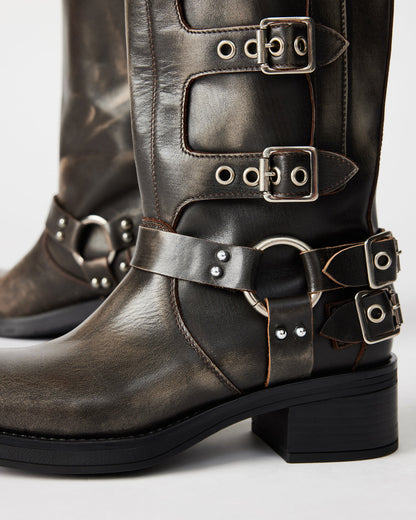 Steve Madden ROCKY Brown Distressed Women's Knee-High Moto Boots