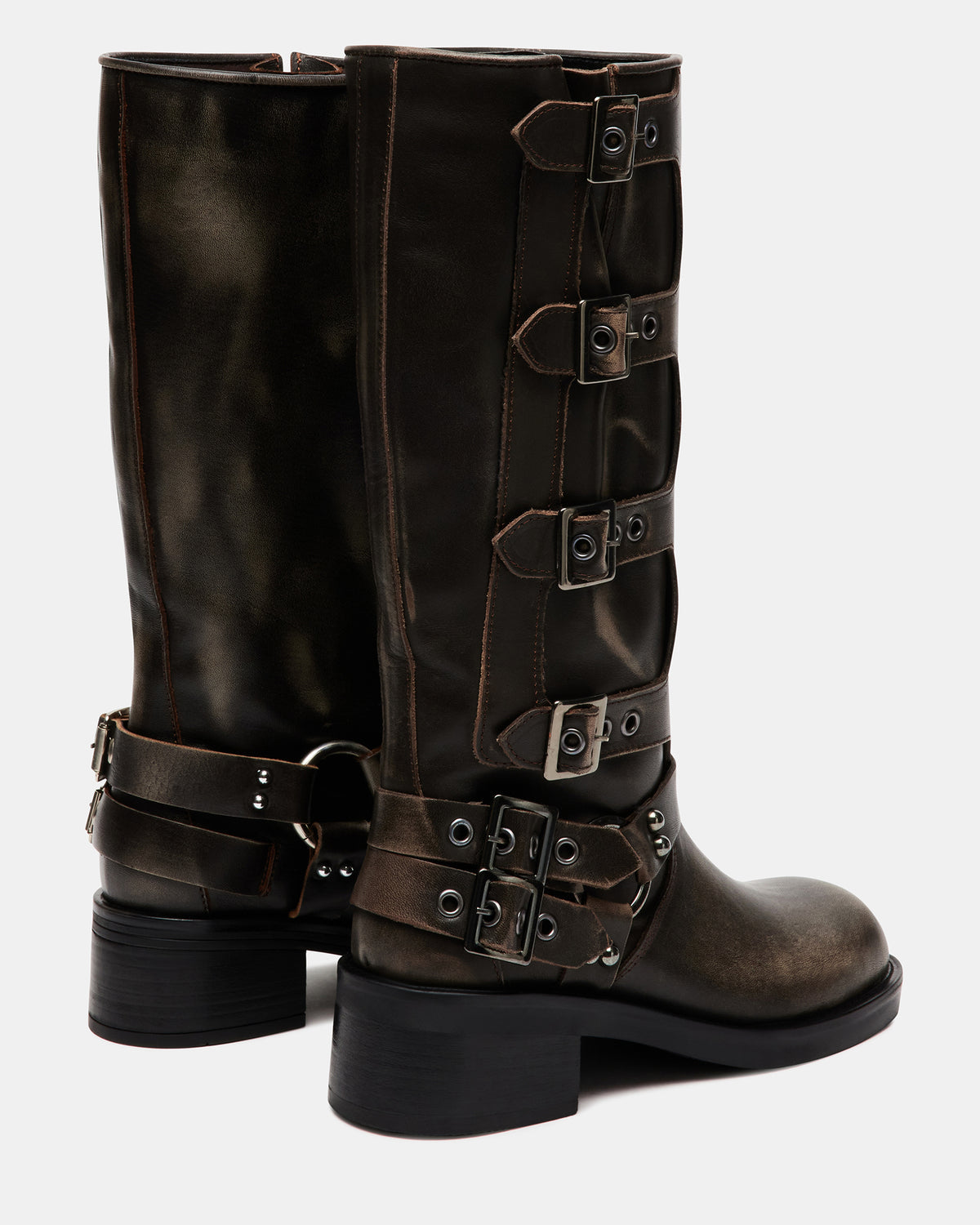Steve Madden ROCKY Brown Distressed Women's Knee-High Moto Boots
