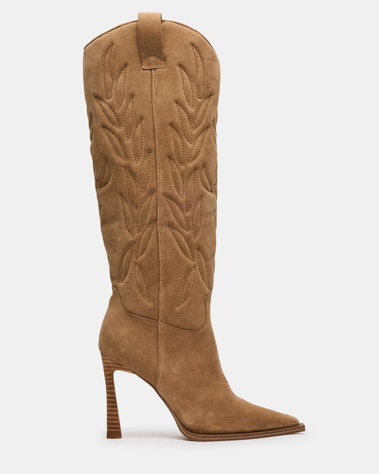 Steve Madden KINZEE Taupe Suede Pointed-Toe Knee-High Western Stiletto Women's Boot