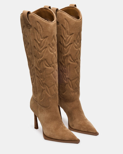 Steve Madden KINZEE Taupe Suede Pointed-Toe Knee-High Western Stiletto Women's Boot