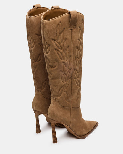 Steve Madden KINZEE Taupe Suede Pointed-Toe Knee-High Western Stiletto Women's Boot