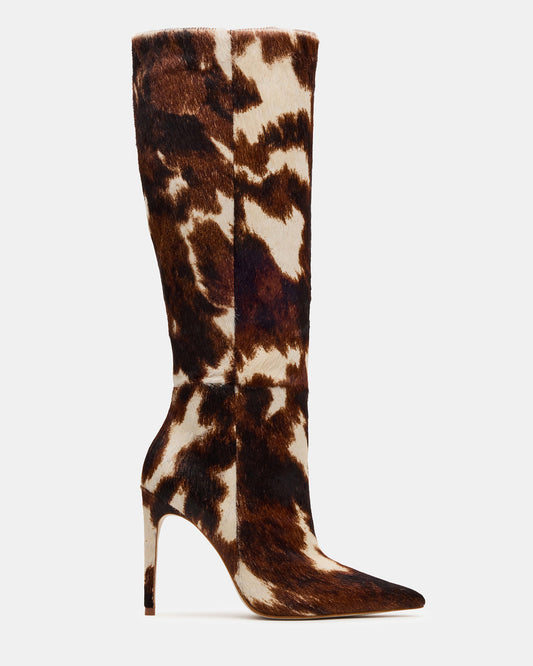 Steve Madden NITRO Brown Cow Print Pointed-Toe Stiletto Heel Knee-High Women's Boots