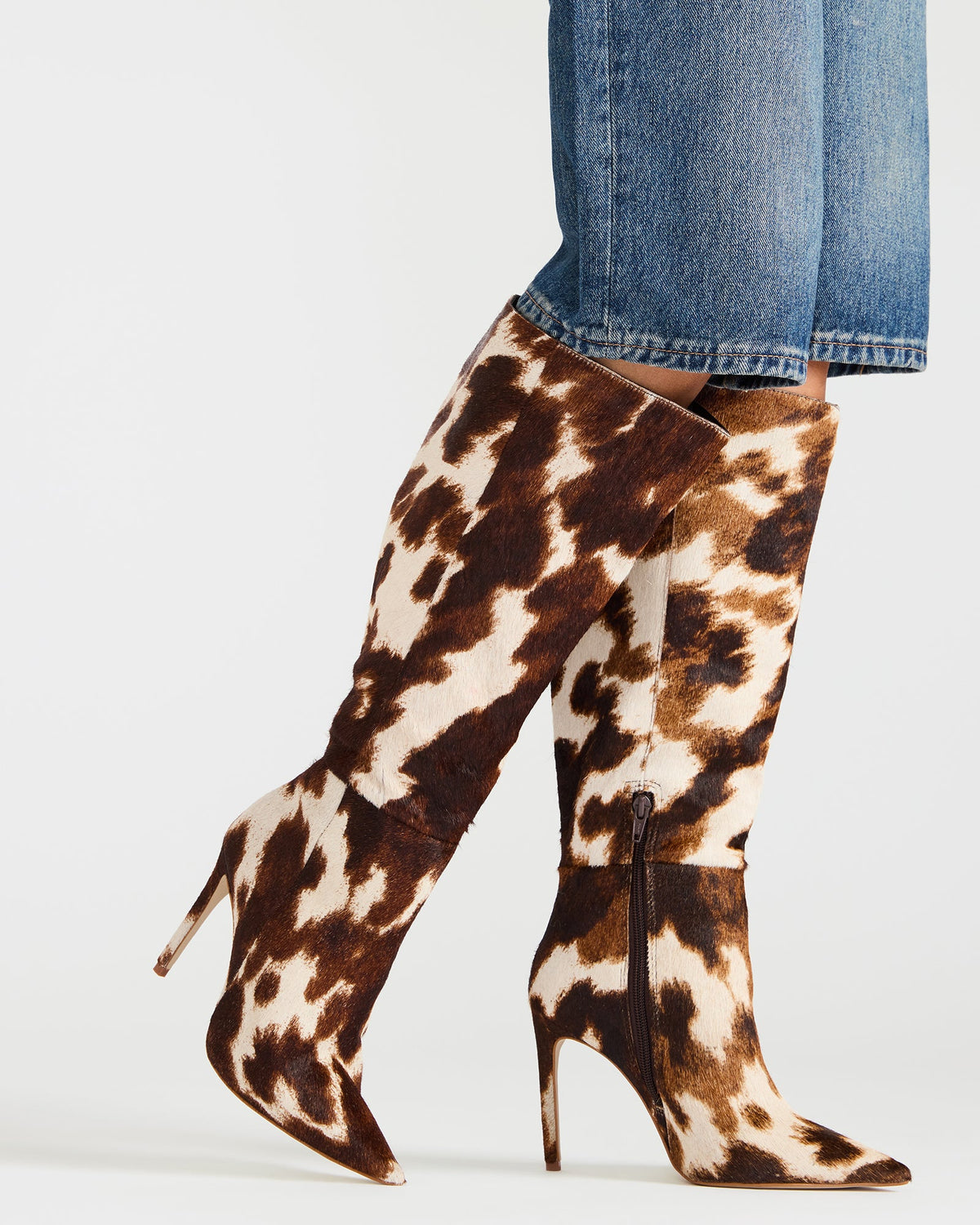 Steve Madden NITRO Brown Cow Print Pointed-Toe Stiletto Heel Knee-High Women's Boots