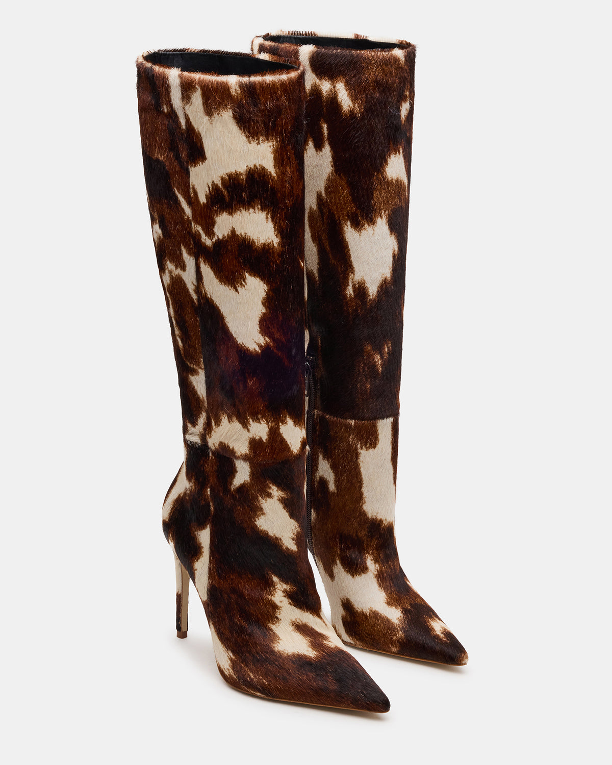 Steve Madden NITRO Brown Cow Print Pointed-Toe Stiletto Heel Knee-High Women's Boots
